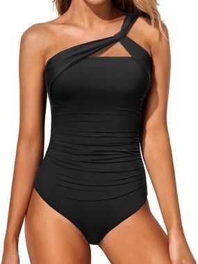 One-Shoulder Black Ruched Swim One-Piece